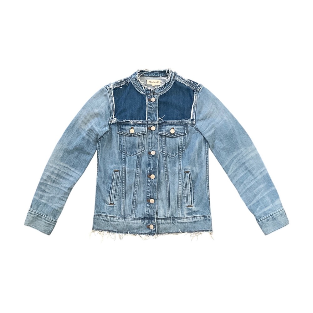 Madewell Blue Two Tone Denim Jacket Band Collar Raw Fringe Trucker Women Size S